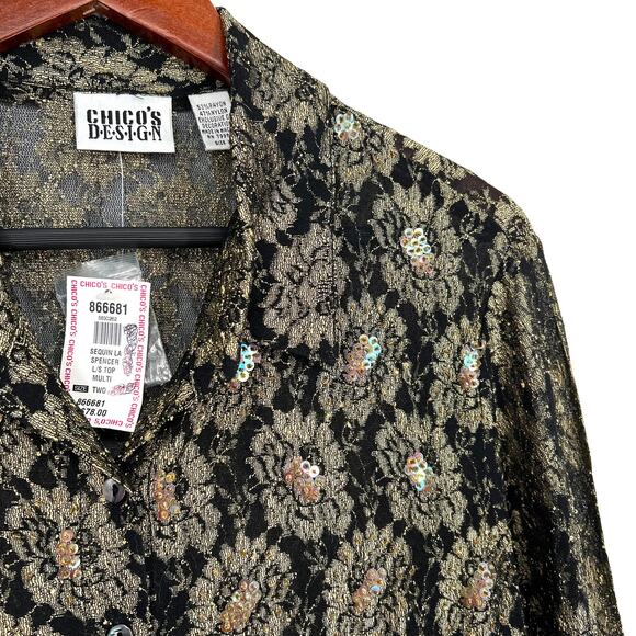 NEW NWT Chicos Design Size 2 Large Gold Black Sequin Blouse Shirt Top Formal - Picture 4 of 9